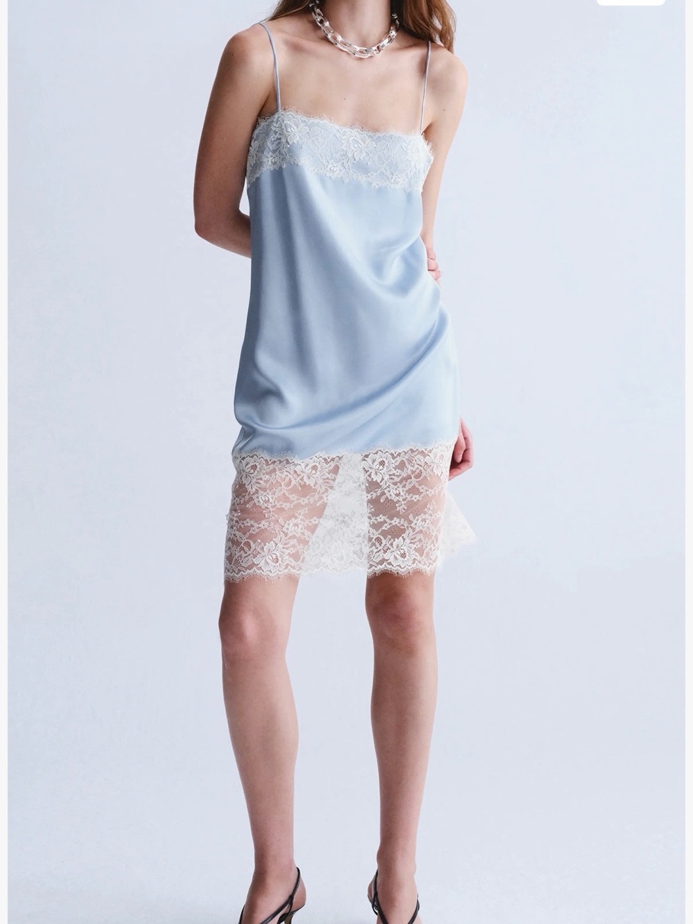 Mango Pale Blue Silk Lace-Trim Cami Slip Dress